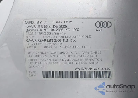 2016 Audi Q5 3.0T Premium Plus из США, поврежденный, VIN WA1D7AFP1GA040190